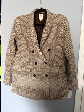 Joie Tan and Black Checked Double-Breasted Blazer